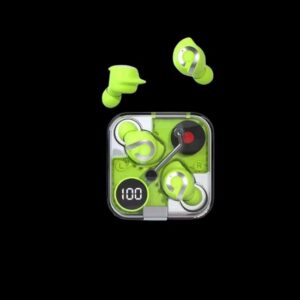 Transparent P61 Pro TWS Earbuds in Green Color, showcasing a sleek design with visible internal components, ergonomic fit, and compact charging case.