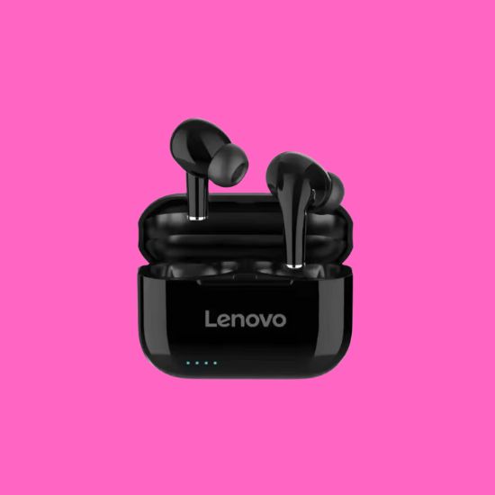 Image of Lenovo Live Pods LP1S True Wireless Stereo (TWS) earbuds in their charging case.