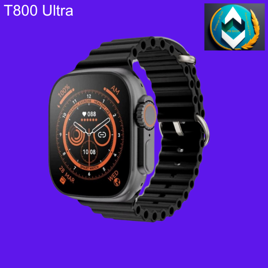 Image of T800 Ultra Series 8 Smartwatch in sleek black design with wireless charging, showcasing its modern interface, custom watch face, and multifunctional features such as music control, call reminder, and weather forecast.