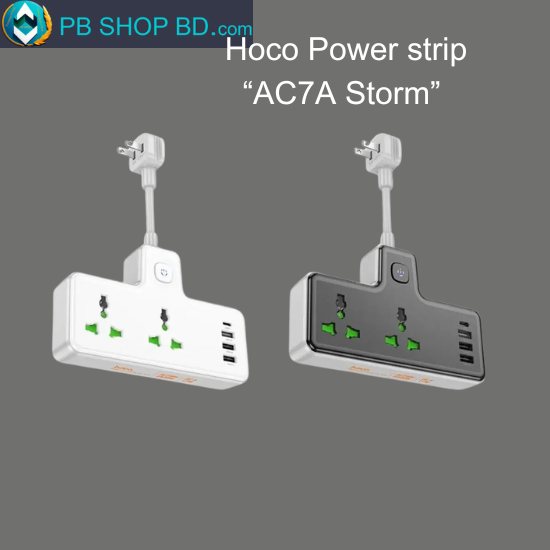 Hoco AC7A Storm Power Strip with 3 EU sockets and 4 USB ports, available at PBSHOPBD.COM