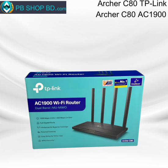 TP-Link Archer C80 AC1900 Wireless Gigabit Dual-Band MU-MIMO Wi-Fi Router with 4 fixed high-performance antennas and 1900Mbps speeds.